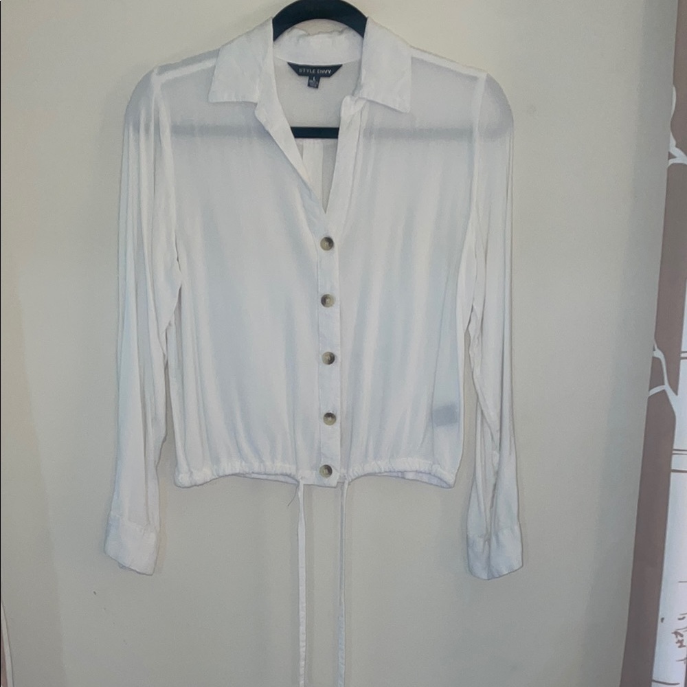 Cropped Tie Bottom Button Up Long Sleeve
